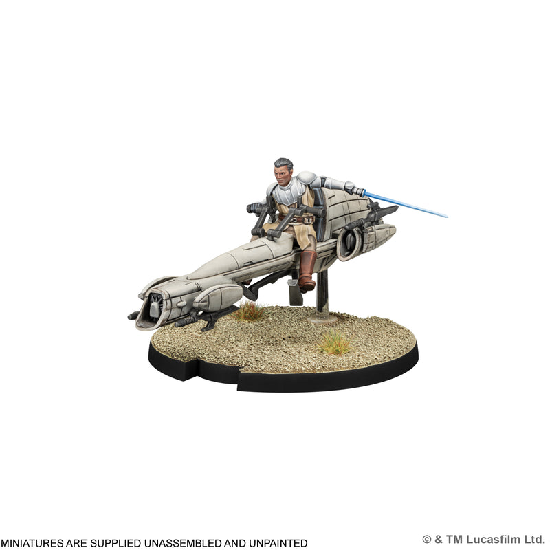 Load image into Gallery viewer, Star Wars: Legion - Jedi General on BARC Speeder - Jedi General BARC Speeder miniature displayed with note that miniatures are supplied unassembled and unpainted. 
