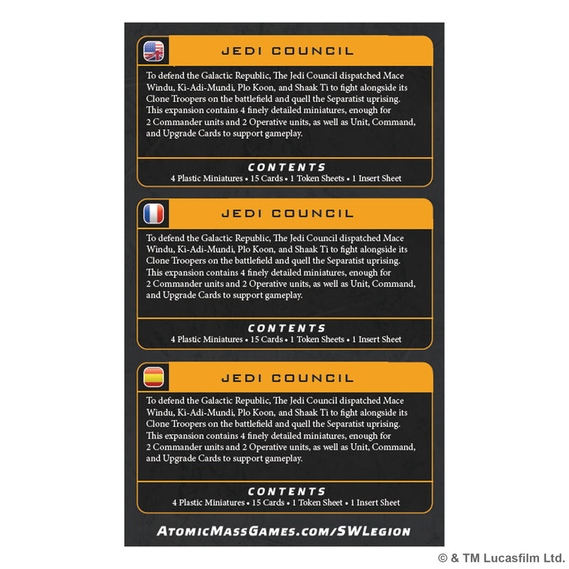 Load image into Gallery viewer, Star Wars: Legion – Jedi Council - Back of packaging with overview and contents list in English, French, and Spanish. 
