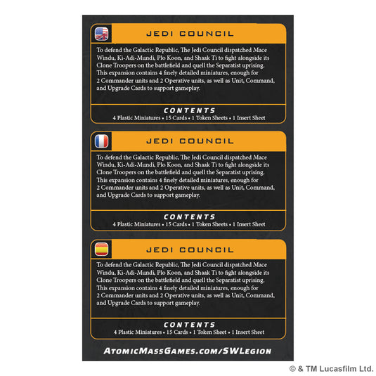 Star Wars: Legion – Jedi Council - Back of packaging with overview and contents list in English, French, and Spanish. 
