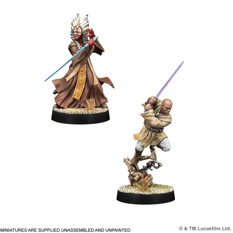 Load image into Gallery viewer, Star Wars: Legion – Jedi Council - Two Jedi miniatures holding lightsabers with note that miniatures are supplied unassembled and unpainted. 
