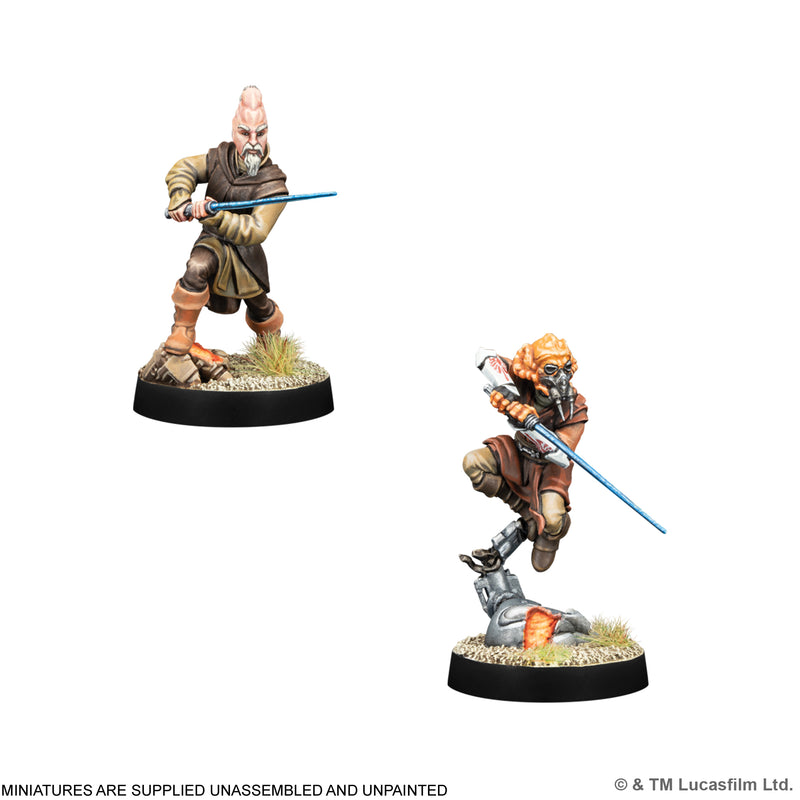 Load image into Gallery viewer, Star Wars: Legion – Jedi Council - Two Jedi miniatures holding lightsabers with note that miniatures are supplied unassembled and unpainted. 
