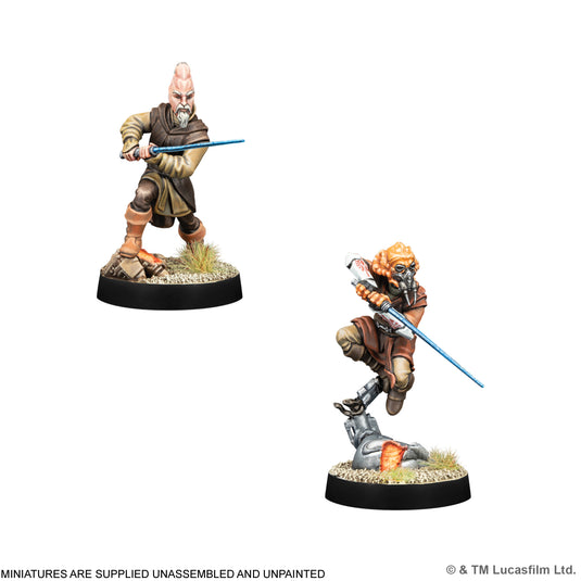 Star Wars: Legion – Jedi Council - Two Jedi miniatures holding lightsabers with note that miniatures are supplied unassembled and unpainted. 
