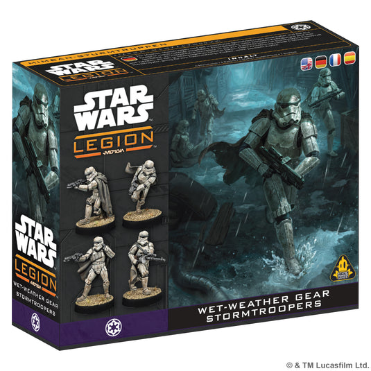 Star Wars: Legion – Wet-Weather Gear Stormtroopers - Front of box featuring art of Wet-Weather Gear Stormtroopers in a rainy landscape.