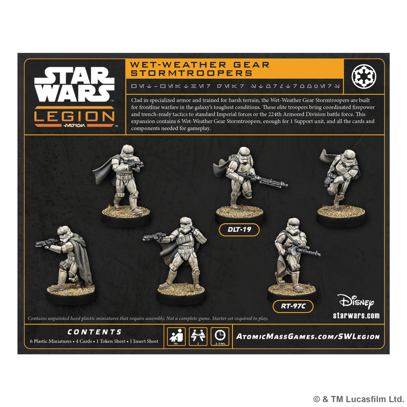 Load image into Gallery viewer, Star Wars: Legion – Wet-Weather Gear Stormtroopers - Back of box with game description, images of miniatures, and contents list.
