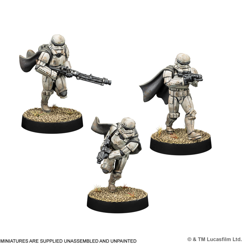 Load image into Gallery viewer, Star Wars: Legion – Wet-Weather Gear Stormtroopers - Three miniatures displayed with note that miniatures are supplied unassembled and unpainted.
