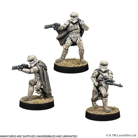 Star Wars: Legion – Wet-Weather Gear Stormtroopers - Three miniatures displayed with note that miniatures are supplied unassembled and unpainted.