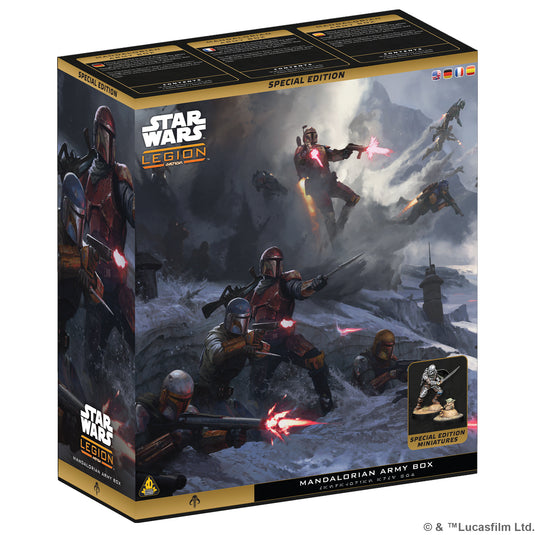 Star Wars: Legion - Mandalorian Special Edition Army Box - front of box featuring art of Mandalorian characters in battle field. 