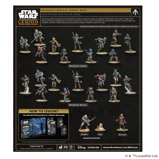 Star Wars: Legion - Mandalorian Special Edition Army Box - back of box with overview and images of included miniatures. 