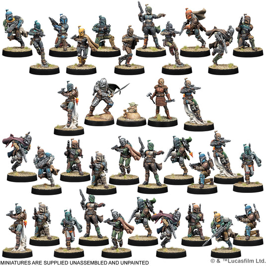 Star Wars: Legion - Mandalorian Special Edition Army Box - view of included miniatures including Mandalorian Initiates, Mandalorian Warriors, and Grogu. Note states miniatures are supplied unassembled and unpainted.