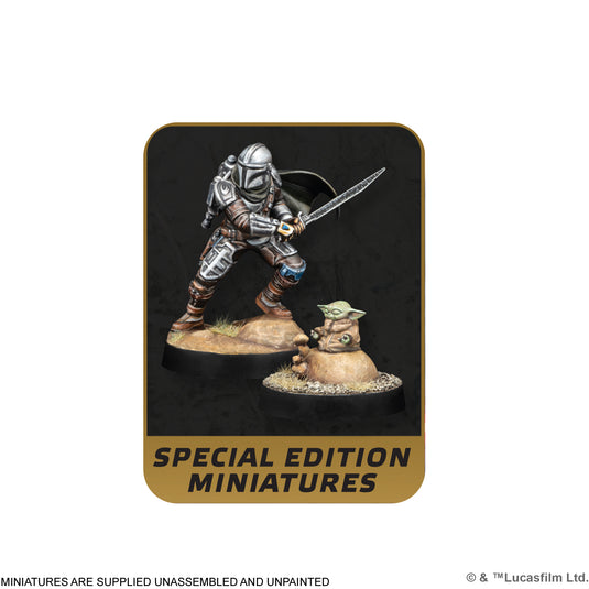 Star Wars: Legion - Mandalorian Special Edition Army Box - view of special edition miniatures of Mandalorian and Grogu. Note states miniatures are supplied unassembled and unpainted.