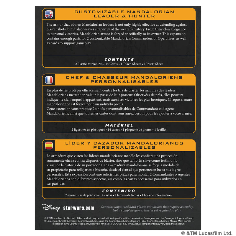 Load image into Gallery viewer, Star Wars: Legion - Customizable Mandalorian Leader and Hunter - back of box with overview and contents list in English, Spanish, and French. 

