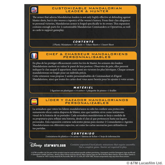 Star Wars: Legion - Customizable Mandalorian Leader and Hunter - back of box with overview and contents list in English, Spanish, and French. 