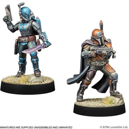 Star Wars: Legion - Customizable Mandalorian Leader and Hunter - Mandalorian Leader and Hunter miniatures displayed with note that miniatures are supplied unassembled and unpainted.