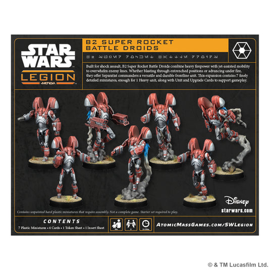Star Wars: Legion – B2 Super Rocket Battle Droids - Back of box with overview, contents list, and images of B2 Super Rocket Battle Droids miniatures. 