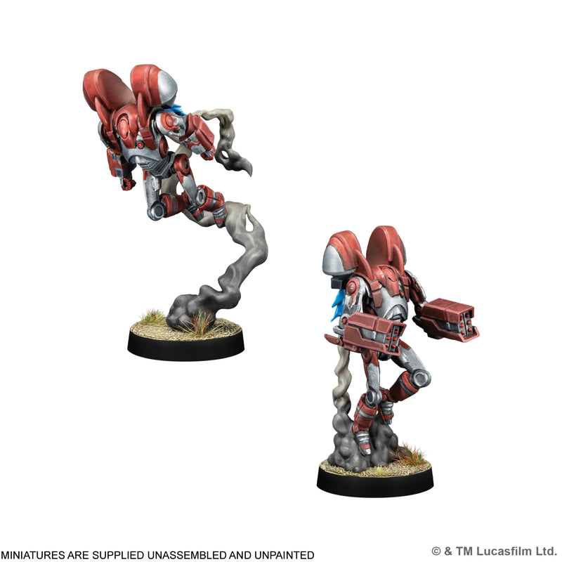Load image into Gallery viewer, Star Wars: Legion – B2 Super Rocket Battle Droids - Two B2 Super Rocket Battle Droids miniatures displayed with note that miniatures are supplied unassembled and unpainted.
