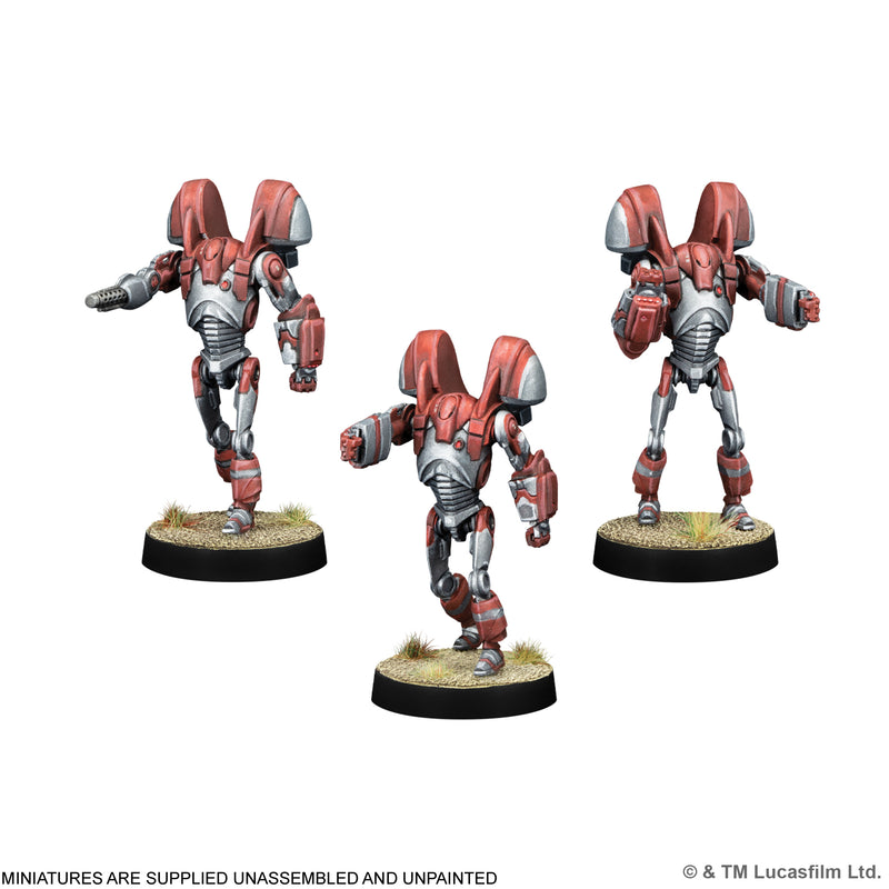 Load image into Gallery viewer, Star Wars: Legion – B2 Super Rocket Battle Droids - Three B2 Super Rocket Battle Droids miniatures displayed with note that miniatures are supplied unassembled and unpainted.

