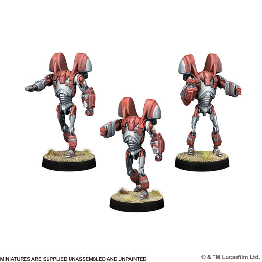 Star Wars: Legion – B2 Super Rocket Battle Droids - Three B2 Super Rocket Battle Droids miniatures displayed with note that miniatures are supplied unassembled and unpainted.