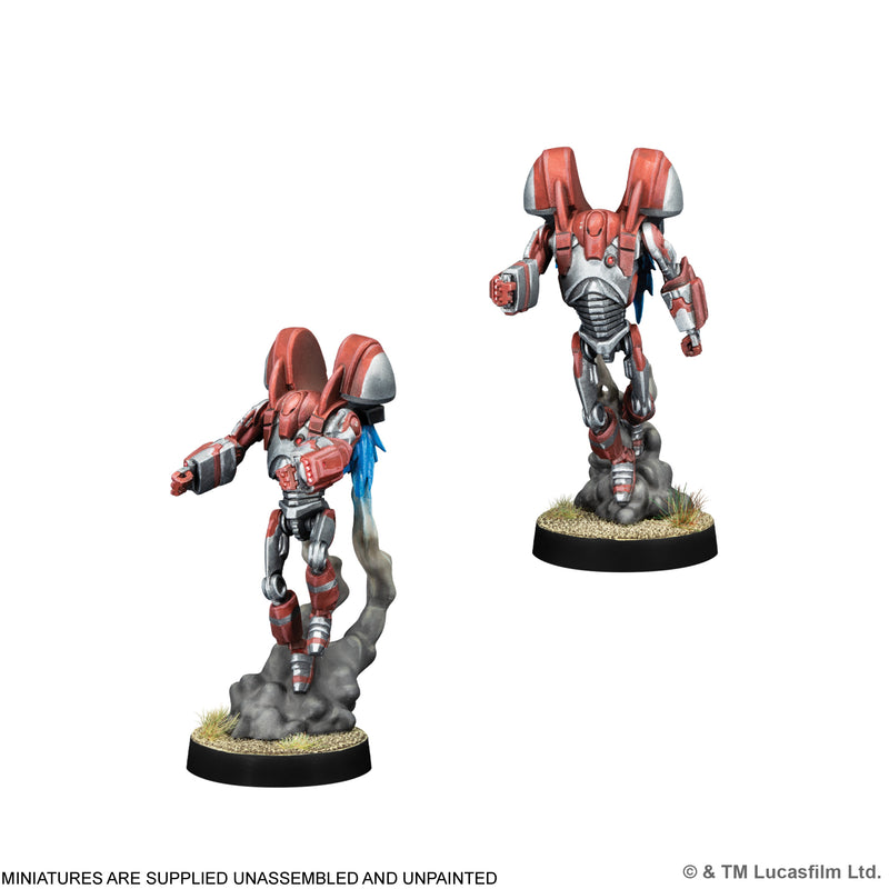 Load image into Gallery viewer, Star Wars: Legion – B2 Super Rocket Battle Droids - Two B2 Super Rocket Battle Droids miniatures displayed with note that miniatures are supplied unassembled and unpainted.
