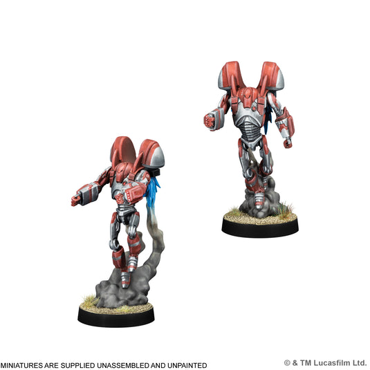 Star Wars: Legion – B2 Super Rocket Battle Droids - Two B2 Super Rocket Battle Droids miniatures displayed with note that miniatures are supplied unassembled and unpainted.