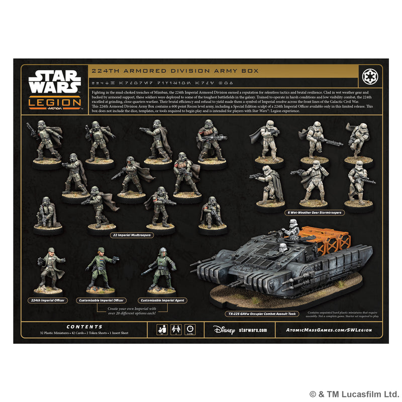 Load image into Gallery viewer, Star Wars: Legion – Mimban 224th Mudtrooper Special Edition Army Box - Back of box with game description, contents list, and images of miniatures.

