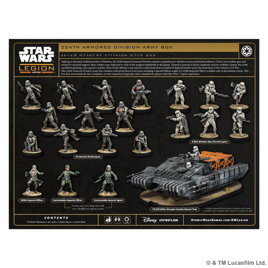 Star Wars: Legion – Mimban 224th Mudtrooper Special Edition Army Box - Back of box with game description, contents list, and images of miniatures.