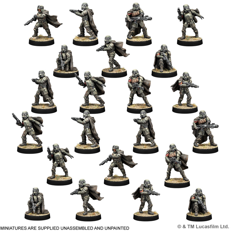 Load image into Gallery viewer, Star Wars: Legion – Mimban 224th Mudtrooper Special Edition Army Box - Mudtrooper miniatures displayed with note that miniatures are supplied unassembled and unpainted.
