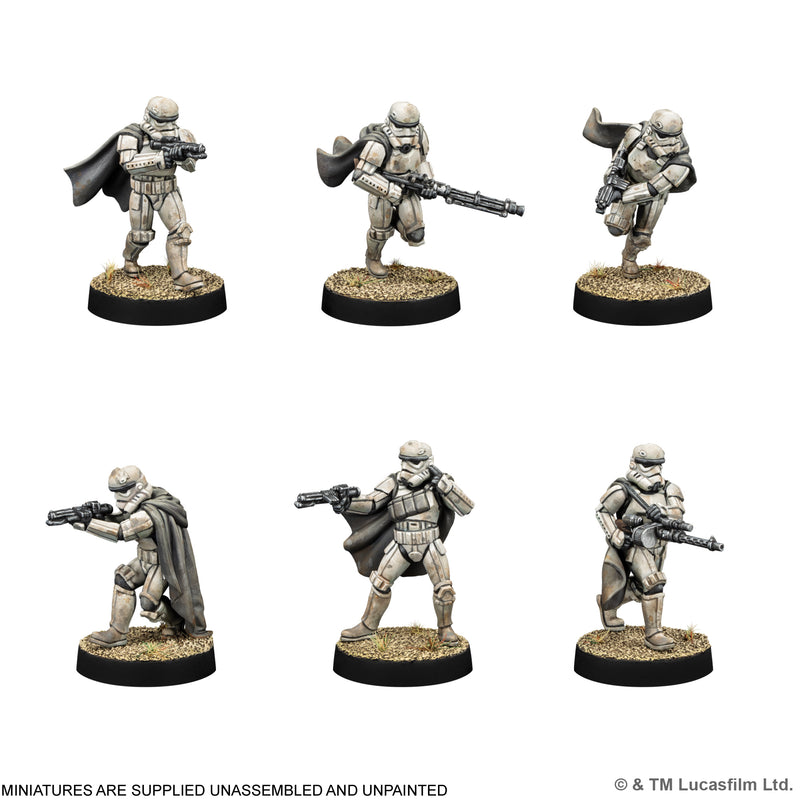 Load image into Gallery viewer, Star Wars: Legion – Mimban 224th Mudtrooper Special Edition Army Box - Six Wet-Weather Gear Stormtroopers displayed with note that miniatures are supplied unassembled and unpainted.
