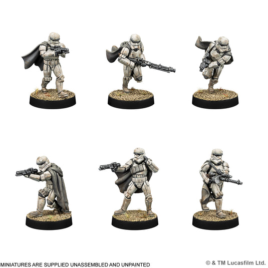 Star Wars: Legion – Mimban 224th Mudtrooper Special Edition Army Box - Six Wet-Weather Gear Stormtroopers displayed with note that miniatures are supplied unassembled and unpainted.