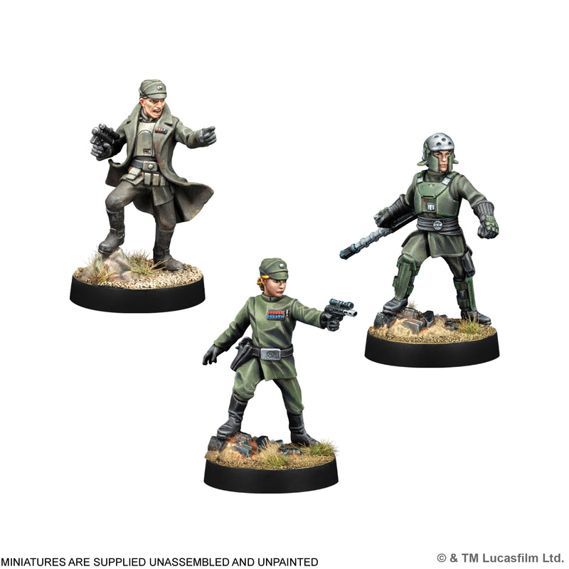 Load image into Gallery viewer, Star Wars: Legion – Mimban 224th Mudtrooper Special Edition Army Box - 224th Imperial Officer, Customizable Imperial Officer, and Customizable Imperial Agent miniatures displayed with note that miniatures are supplied unassembled and unpainted.

