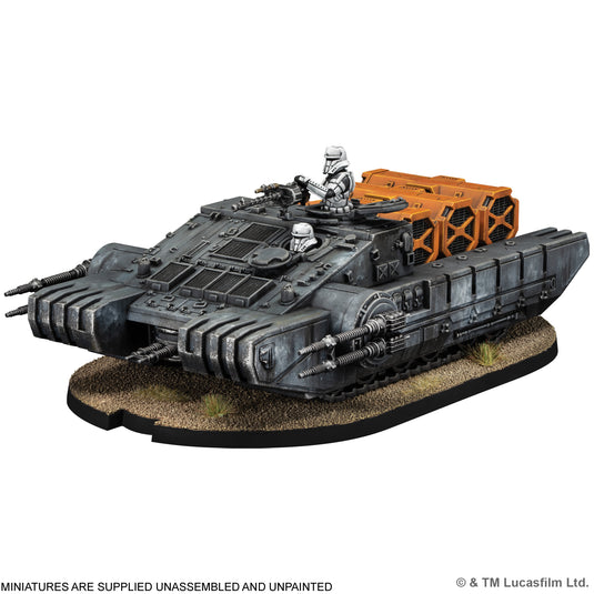 Star Wars: Legion – Mimban 224th Mudtrooper Special Edition Army Box - TX-225 GAVw Occupier Combat Assault Tank miniature with Storm Trooper pilots displayed. Note states miniatures are supplied unassembled and unpainted. 