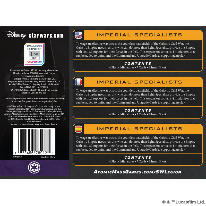 Load image into Gallery viewer, Star Wars: Legion - Imperial Specialists Expansion - back of box with game overview and contents list. 
