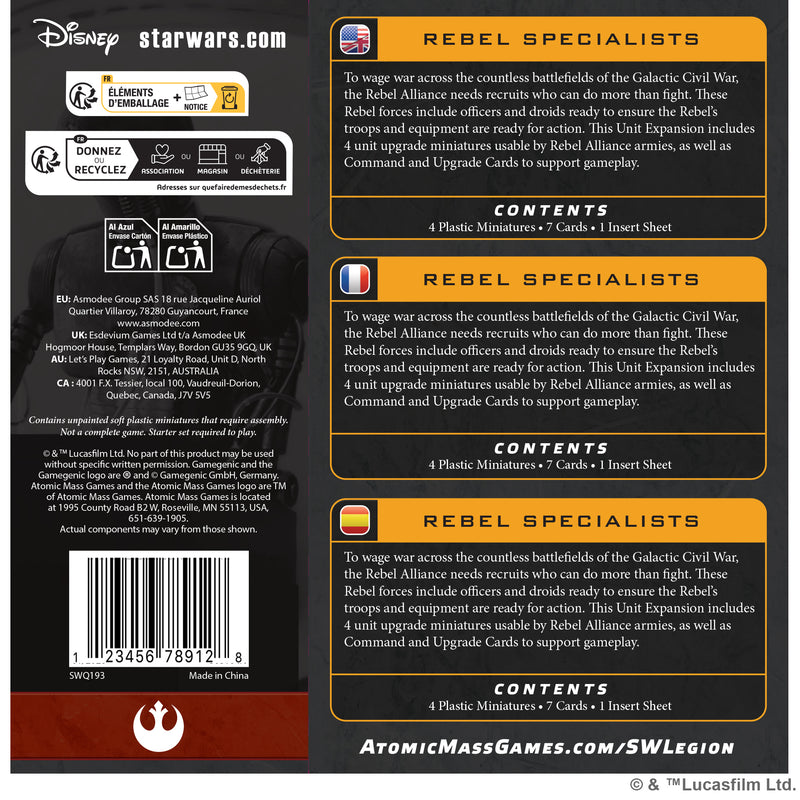 Load image into Gallery viewer, Star Wars: Legion - Rebel Specialists Expansion - back of box with game overview and contents list.
