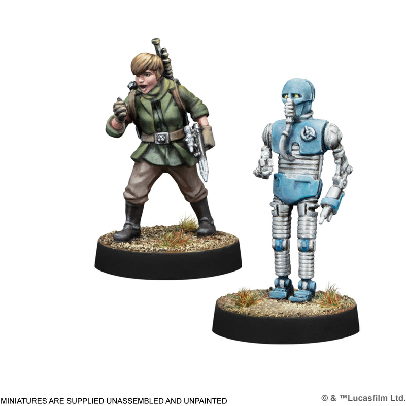 Load image into Gallery viewer, Star Wars: Legion - Rebel Specialists Expansion - two star wars miniatures shown with note that miniatures are supplied unassembled and unpainted. 

