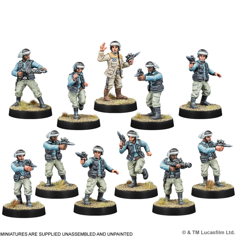 Load image into Gallery viewer, Star Wars: Legion - Fleet Troopers Unit- miniatures displayed in a variety of poses. Note states miniatures are supplied unassembled and unpainted.
