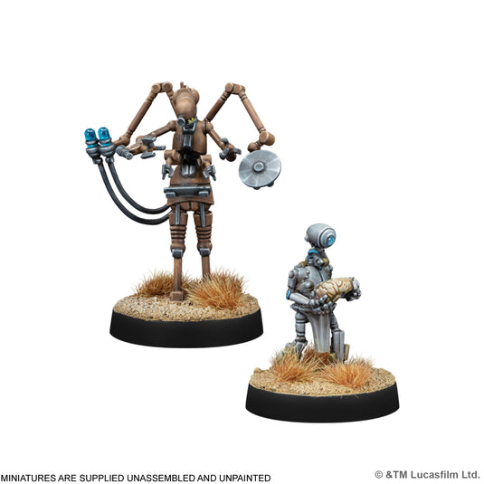 Star Wars: Legion - Separatist Specialists Expansion - two star wars miniatures shown with note that miniatures are supplied unassembled and unpainted.