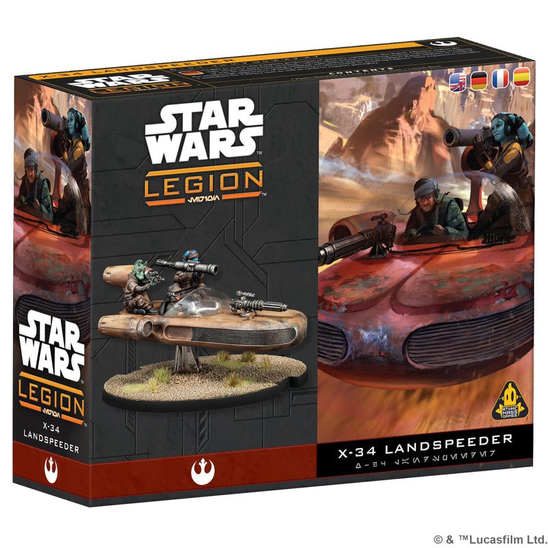 Load image into Gallery viewer, Star Wars: Legion - X-34 Landspeeder - front of box featuring art or X-34 landspeeder with two pilots and an image of the miniature.
