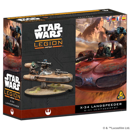 Star Wars: Legion - X-34 Landspeeder - front of box featuring art or X-34 landspeeder with two pilots and an image of the miniature.