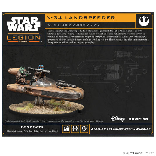 Star Wars: Legion - X-34 Landspeeder - back of packaging with overview, contents list, and an image of the X-34 Landspeeder miniature.