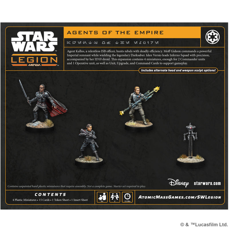 Load image into Gallery viewer, Star Wars: Legion – Agents of the Empire - Back of box with overview, contents list, and images of four assembled miniatures. 
