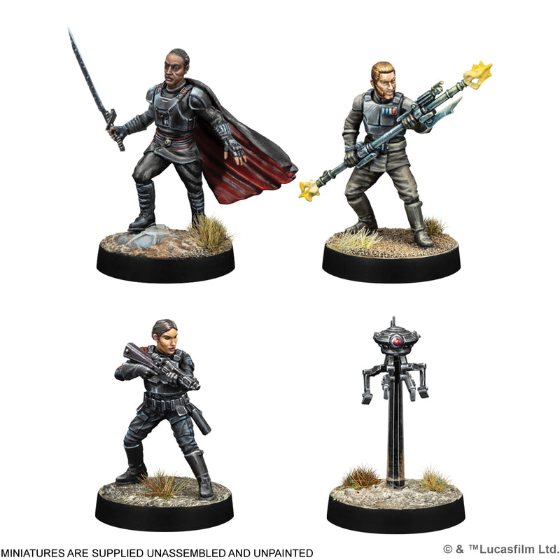 Load image into Gallery viewer, Star Wars: Legion – Agents of the Empire - Moff Gideon, Agent Kallus, Iden Versio, and ID10 droid miniatures displayed with note that miniatures are provided unassembled and unpainted. 
