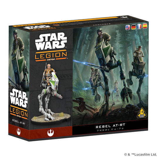 Star Wars: Legion – Rebel AT-RT - Front of box featuring art people riding AT-RTs and an image of the AT-RT miniature.