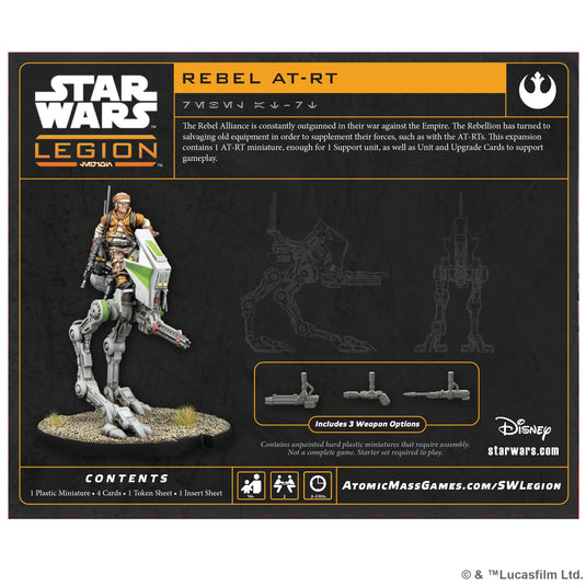 Star Wars: Legion – Rebel AT-RT - Back of box with overview, contents list, and an image of the assembled AT-RT miniature and 3 weapon options. 