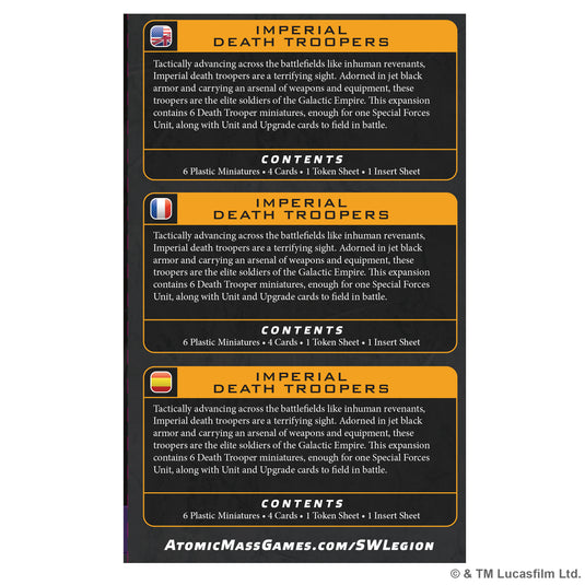 Star Wars: Legion – Imperial Death Troopers - back of box with overview and contents list.