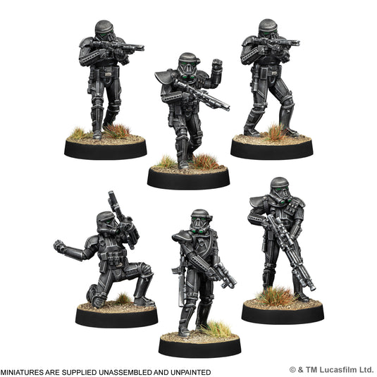 Star Wars: Legion – Imperial Death Troopers - six miniatures displayed in different poses. Note states miniatures are supplied unassembled and unpainted.