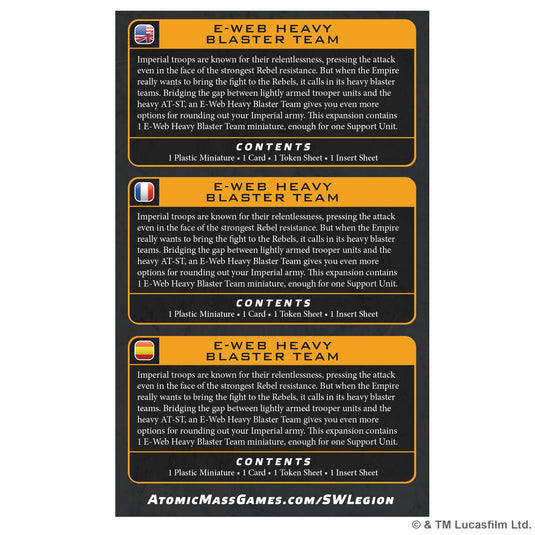 Star Wars: Legion – E-Web Heavy Blaster Team - back of box with overview and contents list.