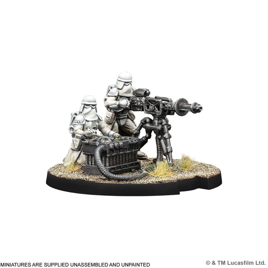 Star Wars: Legion – E-Web Heavy Blaster Team - miniature displayed. Note states miniatures are supplied unassembled and unpainted.