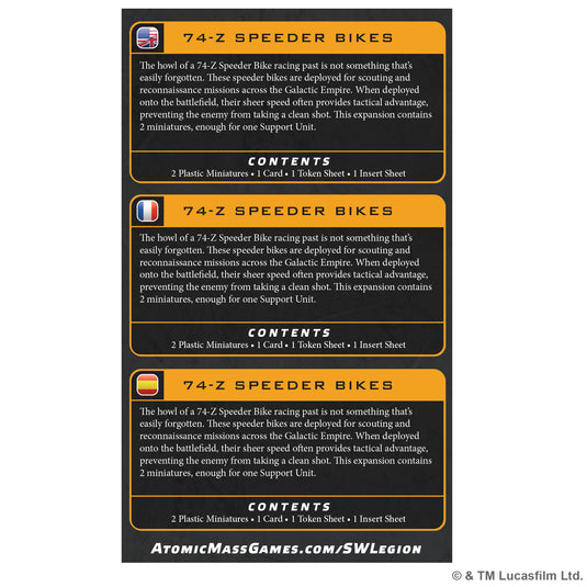 Star Wars: Legion – 74-Z Speeder Bike - bac of packaging with pack overview and contents list.