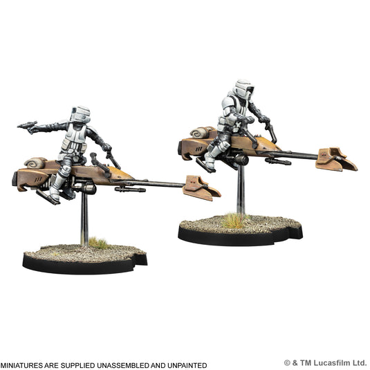 Star Wars: Legion – 74-Z Speeder Bike - miniatures displayed. Note states miniatures are supplied unassembled and unpainted.