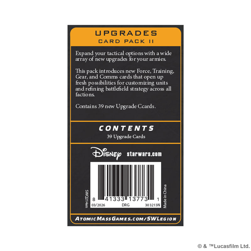 Load image into Gallery viewer, Star Wars: Legion – Upgrades Card Pack 2 - Back of packaging with overview, contents list, and barcode. 
