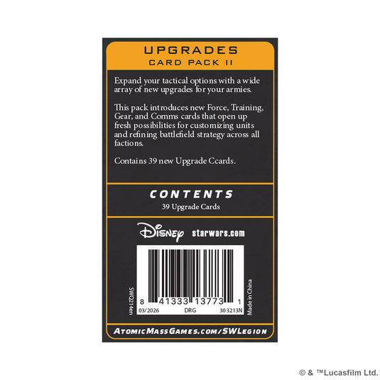Star Wars: Legion – Upgrades Card Pack 2 - Back of packaging with overview, contents list, and barcode. 
